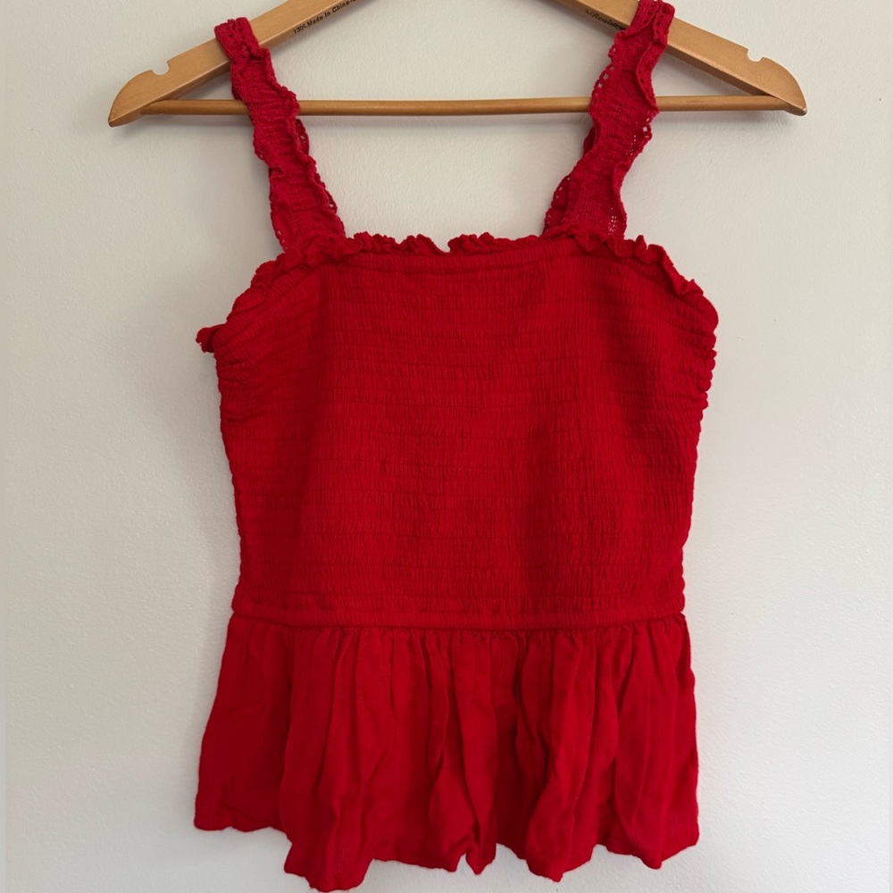 Japna Red Ruched Smocked Peplum Top Size Medium